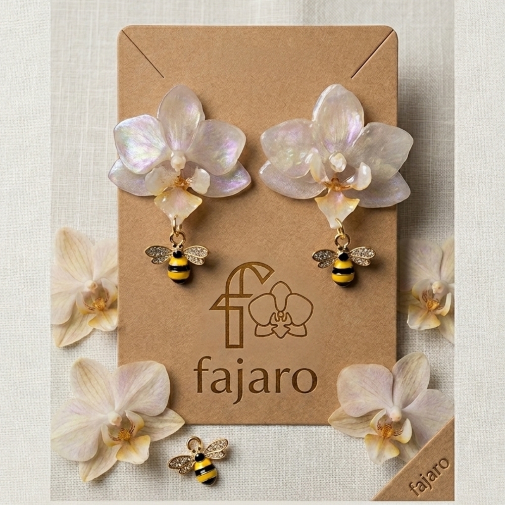 Hand Crafted Iridescent Orchid Earrings with Bee Charm